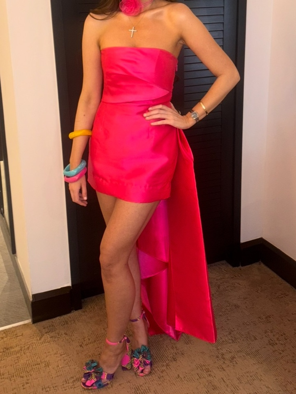 Solace London Strapless Hot Pink High-Low Satin Mini Dress